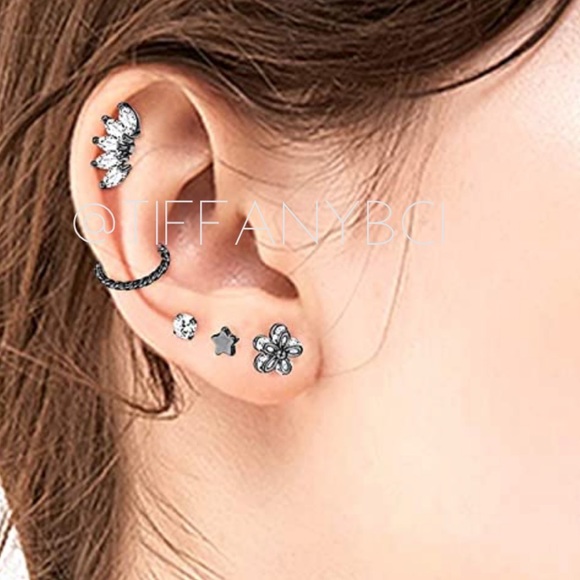 Black Retro Flower CZ Cartilage Earrings - Picture 2 of 5